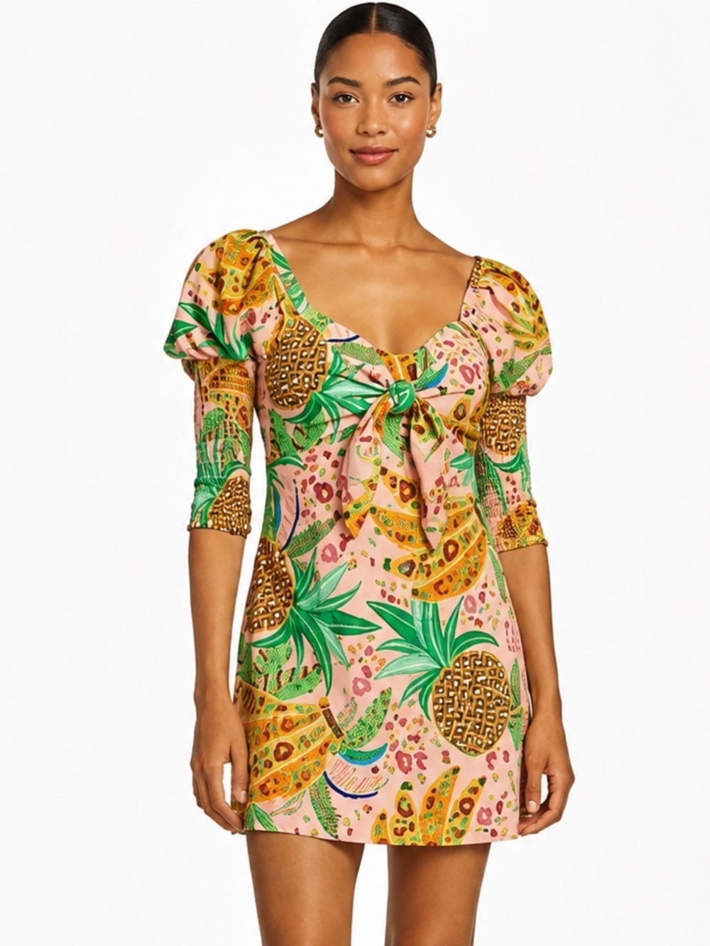 Farm Rio Mixed Fruits Linen Blend Puff Sleeve Mini Dress XS